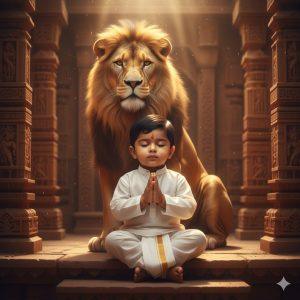 Artistic 8K portrait of a serene baby boy dressed in traditional white attire, seated calmly with hands joined in a peaceful gesture. Behind him, a softly glowing lion stands against a sandstone temple wall with intricate carvings. The scene is illuminated by warm earthy light, blending spirituality with cinematic elegance.