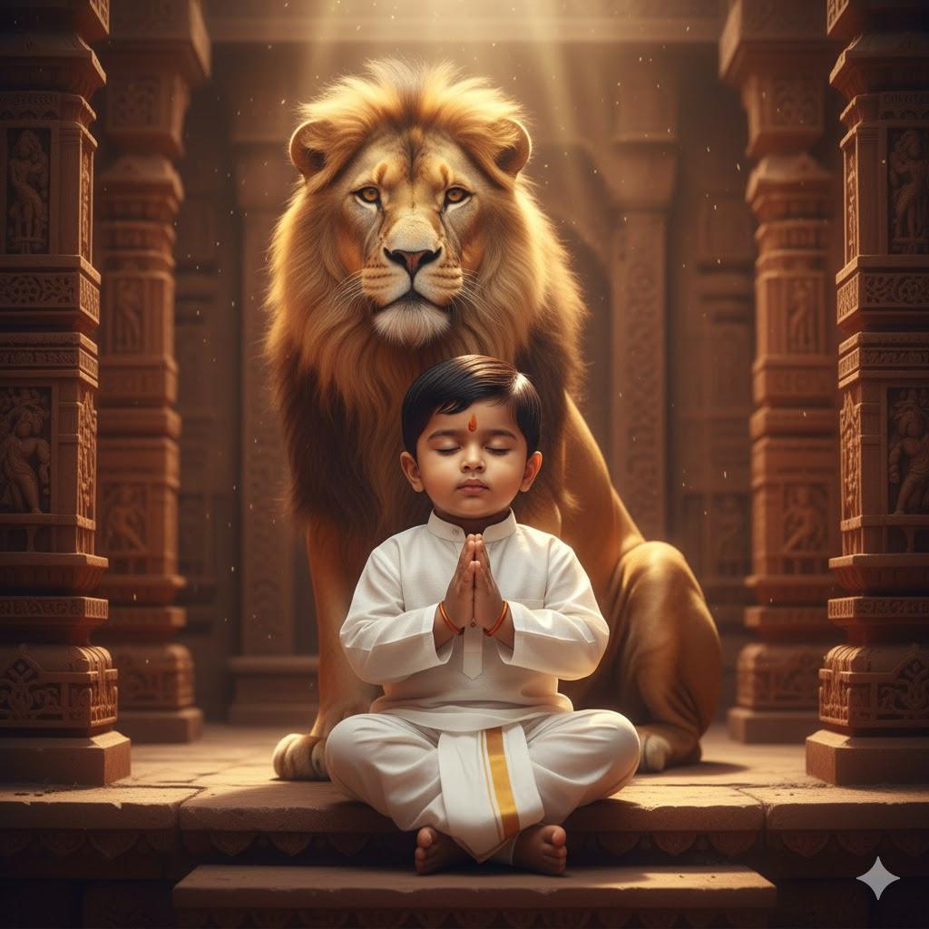 Artistic 8K portrait of a serene baby boy dressed in traditional white attire, seated calmly with hands joined in a peaceful gesture. Behind him, a softly glowing lion stands against a sandstone temple wall with intricate carvings. The scene is illuminated by warm earthy light, blending spirituality with cinematic elegance.