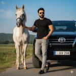 Ultra-realistic 8K cinematic portrait of a confident person standing beside a white horse in front of a black Toyota Fortuner under natural daylight. Wearing a fitted black T-shirt, light gray jeans, black loafers, and sunglasses, with distant green hills and blue Islamabad sky in the background — modern countryside luxury aesthetic.