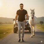 Ultra-realistic 8K cinematic shot of a confident person walking toward the camera on a dusty Islamabad road, with a white horse following behind and a black Toyota Fortuner parked in the background. Wearing a black T-shirt, gray jeans, sunglasses, and black loafers. Sunlight glows behind the hills, illuminating dust particles in a movie-poster style scene.