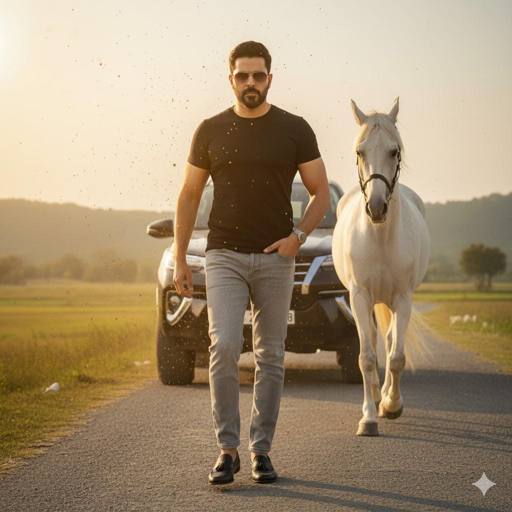 Ultra-realistic 8K cinematic shot of a confident person walking toward the camera on a dusty Islamabad road, with a white horse following behind and a black Toyota Fortuner parked in the background. Wearing a black T-shirt, gray jeans, sunglasses, and black loafers. Sunlight glows behind the hills, illuminating dust particles in a movie-poster style scene.