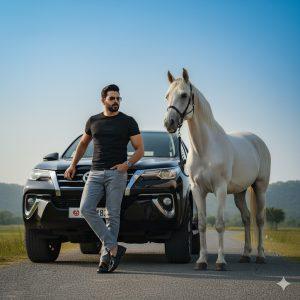 Ultra-detailed cinematic portrait of a confident person leaning with one shoulder against a black Toyota Fortuner, one leg crossed casually, with a white horse standing beside. Wearing a fitted black T-shirt, light gray jeans, and sunglasses. Captured from a low angle under bright daylight and a clear open sky, showcasing a clean, confident, fashion-editorial lu