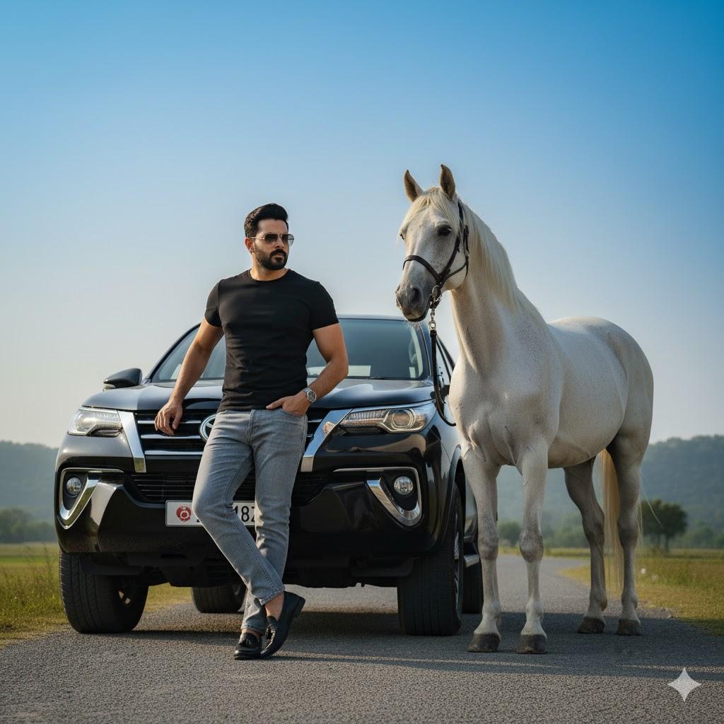 Ultra-detailed cinematic portrait of a confident person leaning with one shoulder against a black Toyota Fortuner, one leg crossed casually, with a white horse standing beside. Wearing a fitted black T-shirt, light gray jeans, and sunglasses. Captured from a low angle under bright daylight and a clear open sky, showcasing a clean, confident, fashion-editorial lu