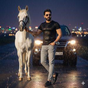 Ultra-detailed cinematic portrait of a confident person riding a white horse in an open Islamabad field, with a black Toyota Fortuner parked in the background. Wearing a black T-shirt and jeans, holding the reins firmly while looking toward the horizon. Sunlight highlights the rider’s face and the horse’s mane, evoking a powerful, royal, adventure-inspired cinematic mood.