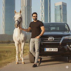 Ultra-realistic editorial portrait of a confident person posing beside a white horse and a black Toyota Fortuner in front of modern Islamabad architecture. Wearing a fitted black outfit with silver accessories, captured in perfect daylight with clean background, crisp contrast, and subtle cinematic lens glow — fashion-forward luxury aesthetic.