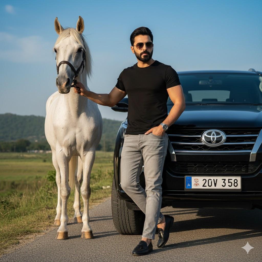Ultra-realistic 8K cinematic portrait of a confident person standing beside a white horse in front of a black Toyota Fortuner under natural daylight. Wearing a fitted black T-shirt, light gray jeans, black loafers, and sunglasses, with distant green hills and blue Islamabad sky in the background — modern countryside luxury aesthetic.