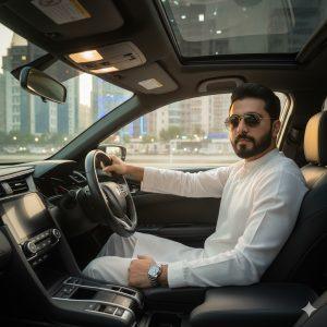 Ultra-realistic 8K cinematic photo of a confident person wearing a white salwar kameez, silver watch, and sunglasses, sitting in the driver’s seat of a Honda Civic at night. Dashboard lights illuminate the face, with glowing Islamabad city lights visible through the windows.