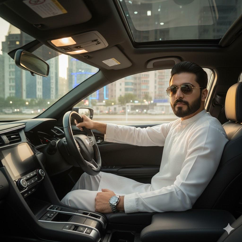 Ultra-realistic 8K cinematic photo of a confident person wearing a white salwar kameez, silver watch, and sunglasses, sitting in the driver’s seat of a Honda Civic at night. Dashboard lights illuminate the face, with glowing Islamabad city lights visible through the windows.