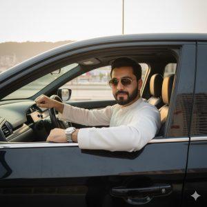 Ultra-detailed cinematic photo of a person wearing a white salwar kameez, sunglasses, and silver accessories, sitting in a Civic car with the window down, elbow resting casually on the door edge, and a confident gentle smile under Islamabad daylight reflections.