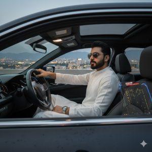 Ultra-detailed cinematic portrait of a stylish individual wearing a white salwar kameez and silver accessories, sitting in a Honda Civic under Islamabad city lights, captured through the open window with reflections of skyscrapers and neon signs.
