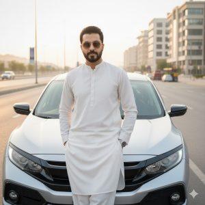 8K cinematic portrait of a confident person wearing an elegant white salwar kameez and silver wristwatch, standing beside a silver Honda Civic parked on a modern Islamabad street at sunset. Facing the camera frontally, one hand in pocket and the other resting on the car roof, surrounded by softly glowing modern buildings.