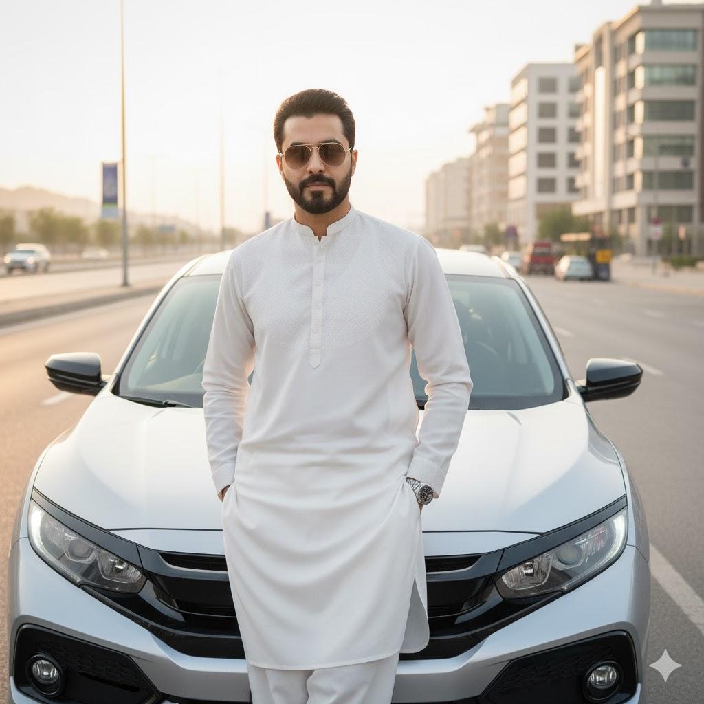 8K cinematic portrait of a confident person wearing an elegant white salwar kameez and silver wristwatch, standing beside a silver Honda Civic parked on a modern Islamabad street at sunset. Facing the camera frontally, one hand in pocket and the other resting on the car roof, surrounded by softly glowing modern buildings.