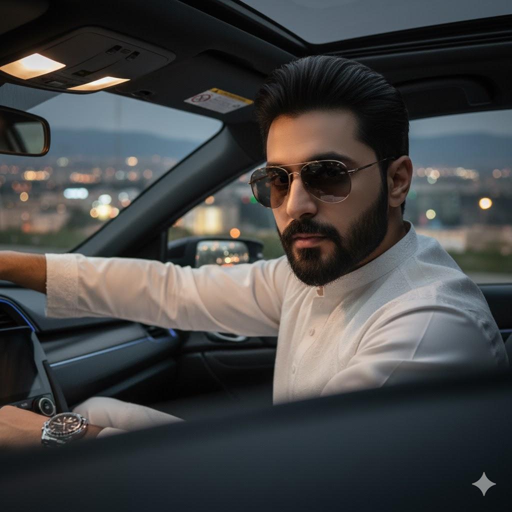 Ultra-realistic close-up cinematic photo of a person leaning slightly forward from the driver’s seat of a Honda Civic, wearing a white salwar kameez and silver accessories. The subject faces the camera with an intense gaze, illuminated by soft dashboard lighting with Islamabad night reflections in the background.