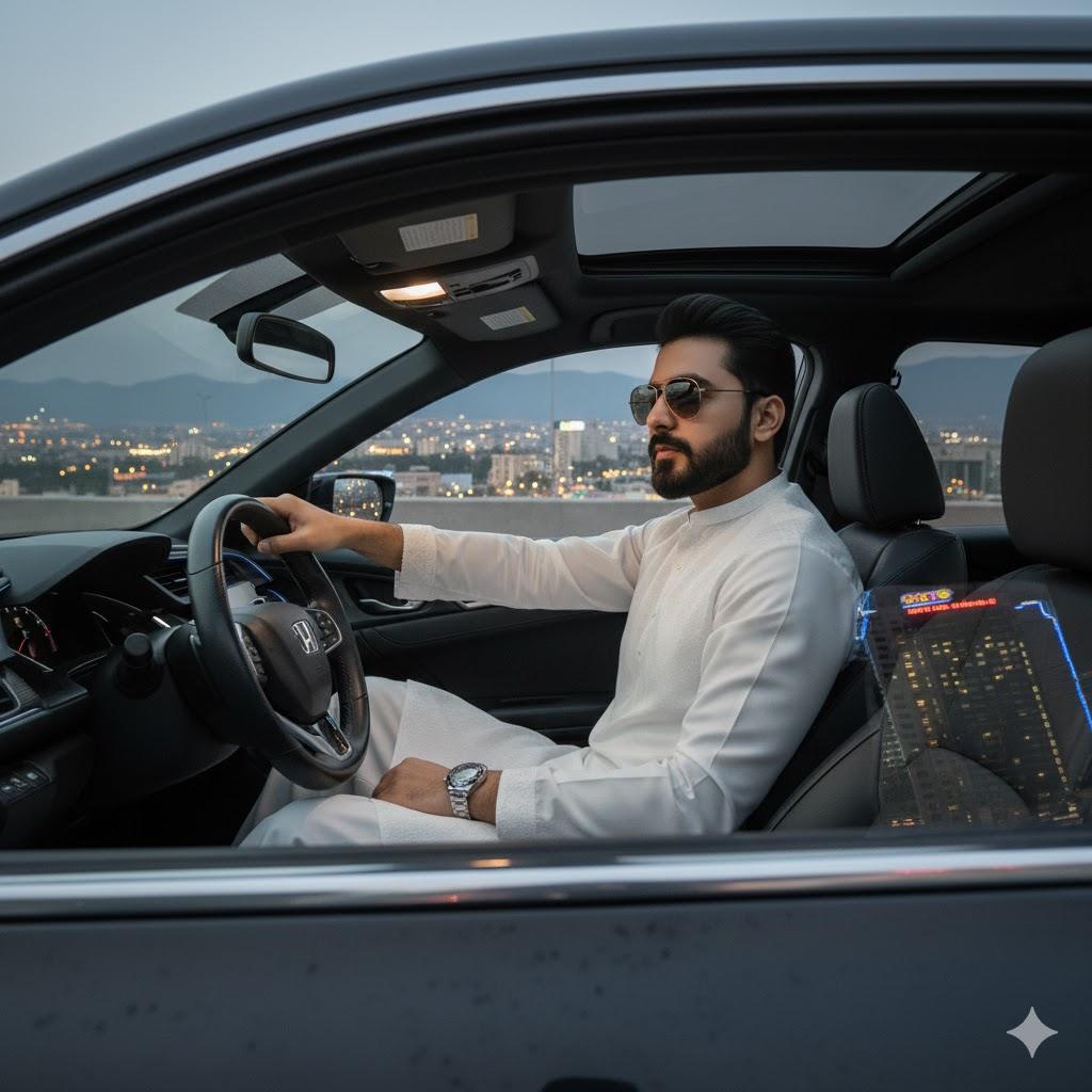 Ultra-detailed cinematic portrait of a stylish individual wearing a white salwar kameez and silver accessories, sitting in a Honda Civic under Islamabad city lights, captured through the open window with reflections of skyscrapers and neon signs.